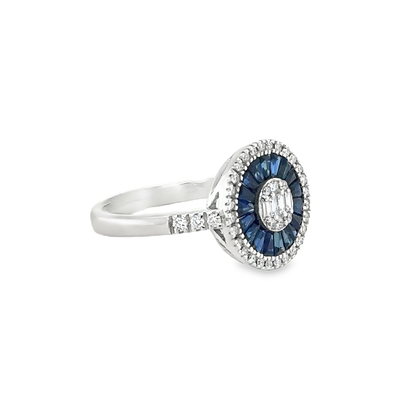 14KT WHITE GOLD BLUE SAPPHIRE AND DIAMONDS ROUND RING
