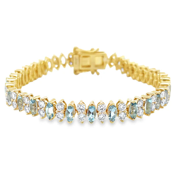 14KT YELLOW GOLD MARQUISE SHAPE AQUAMARINE AND DIAMONDS TENNIS BRACELET