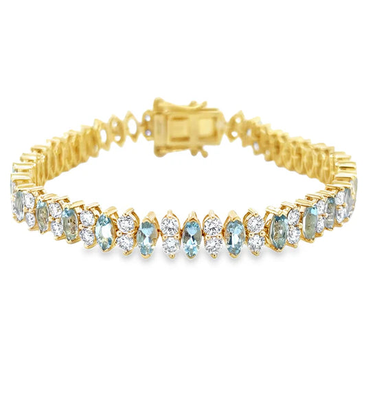 14KT YELLOW GOLD MARQUISE SHAPE AQUAMARINE AND DIAMONDS TENNIS BRACELET