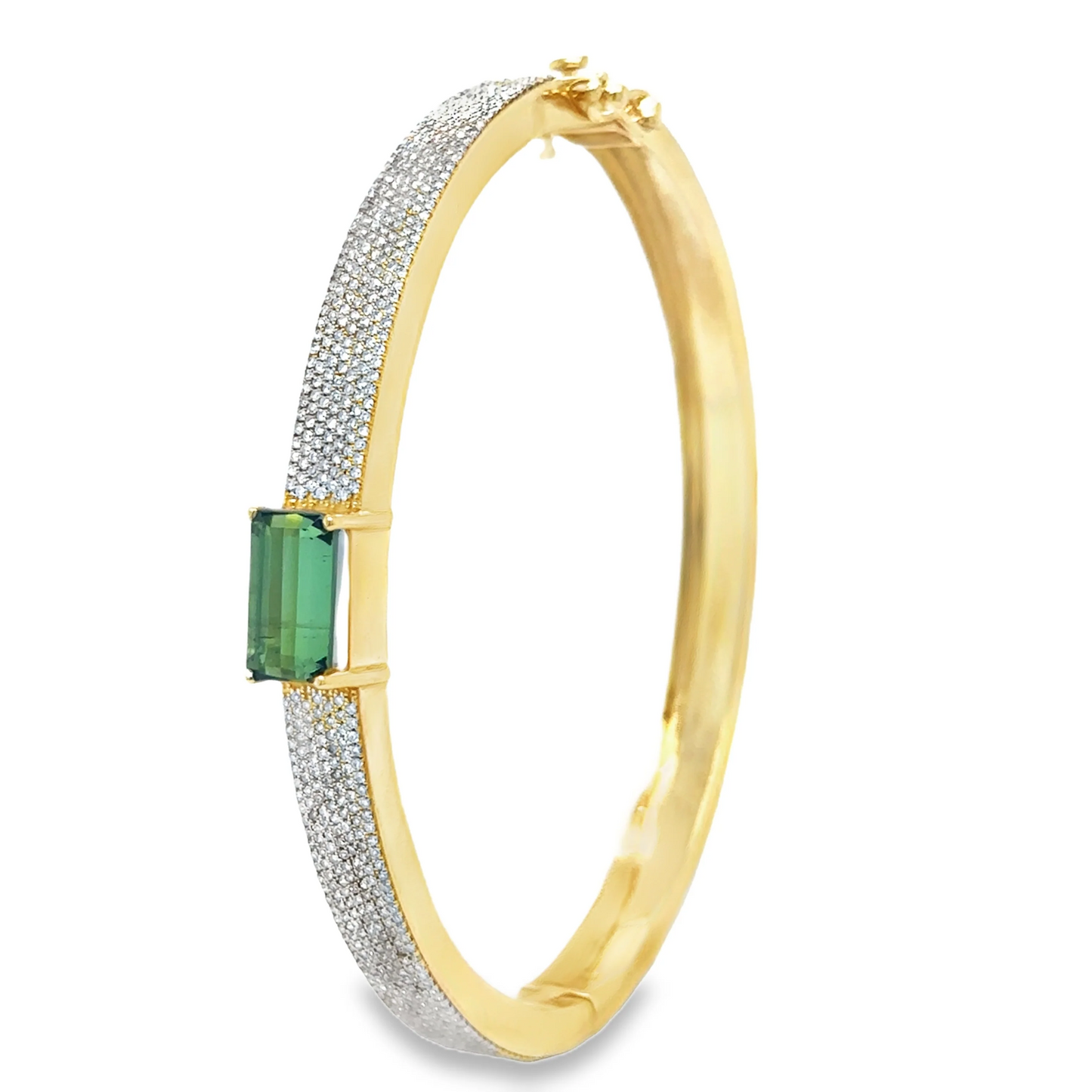 14KT YELLOW GOLD GREEN TOURMALINE AND DIAMONDS BANGLE