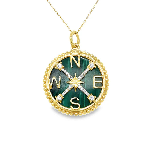 14KT YELLOW GOLD MALACHITE COMPASS PENDANT WITH DIAMONDS