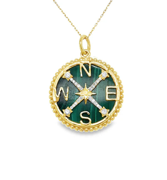 14KT YELLOW GOLD MALACHITE COMPASS PENDANT WITH DIAMONDS
