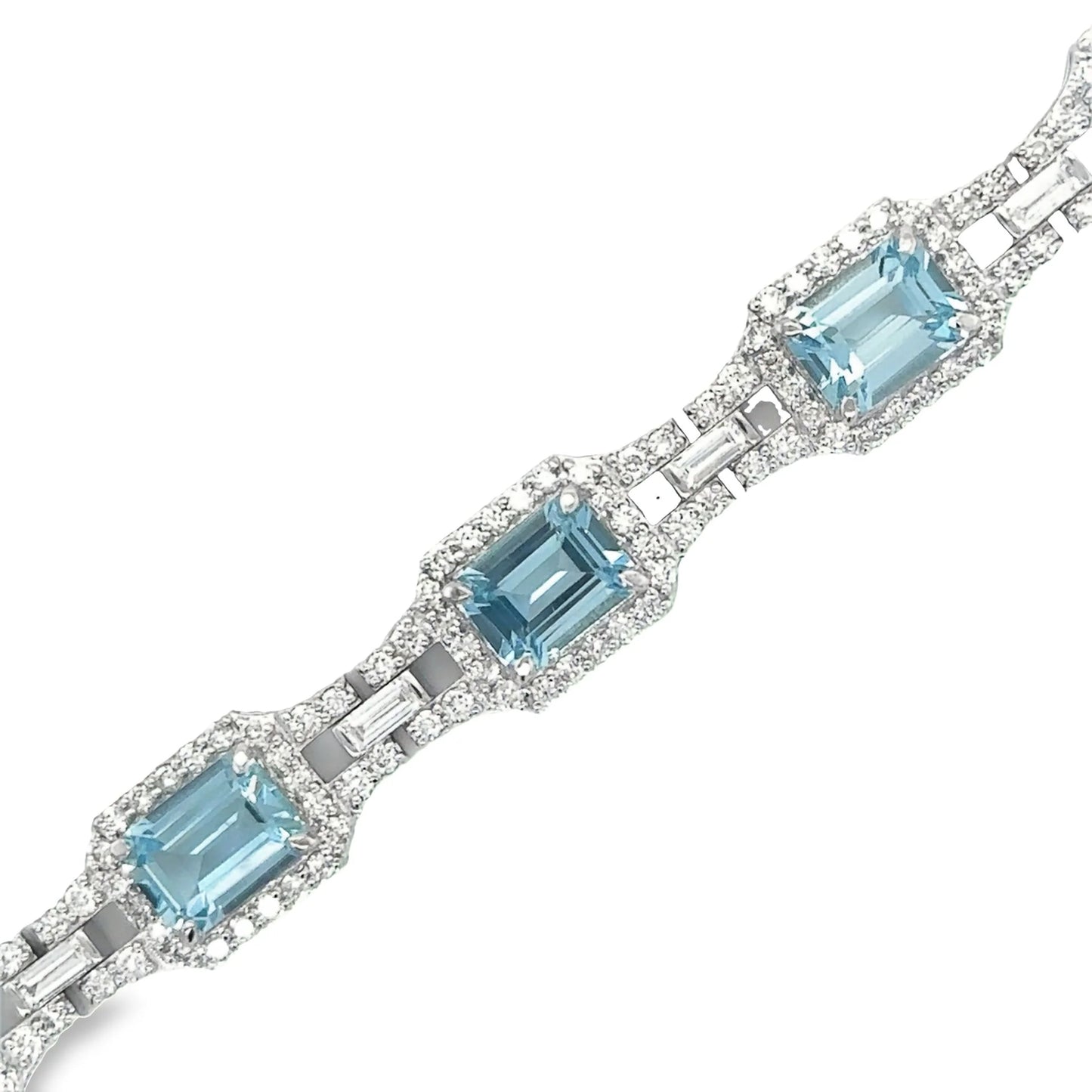14KT WHITE GOLD AQUAMARINE AND DIAMONDS TENNIS BRACELET