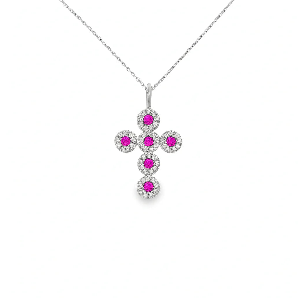 14KT YELLOW GOLD CROSS PENDANT PINK SAPPHIRE AND DIAMONDS