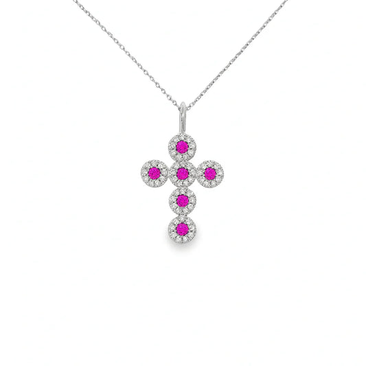 14KT YELLOW GOLD CROSS PENDANT PINK SAPPHIRE AND DIAMONDS