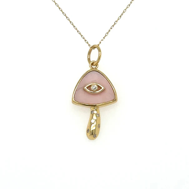 14KT YELLOW GOLD PINK OPAL MUSHROOM PENDANT WITH DIAMONDS