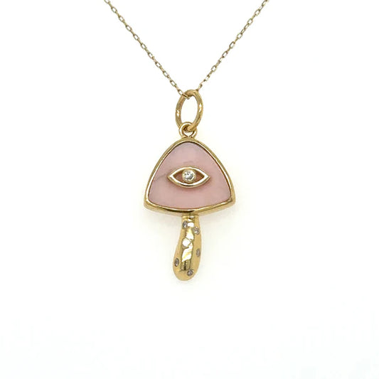 14KT YELLOW GOLD PINK OPAL MUSHROOM PENDANT WITH DIAMONDS