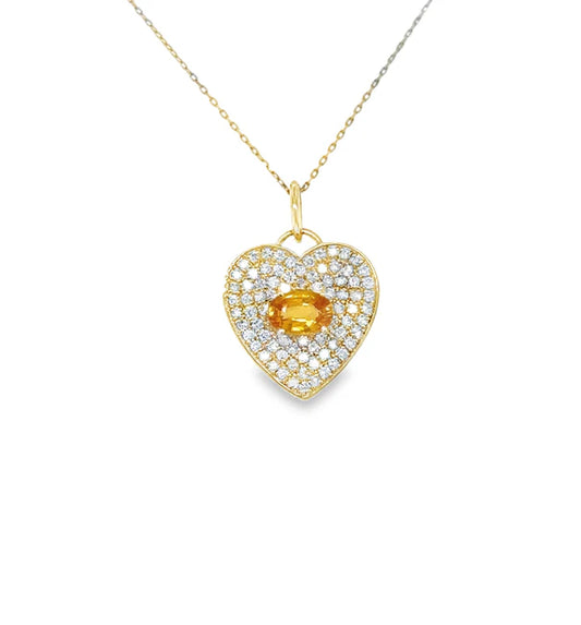 14KT YELLOW GOLD HEART PENDANT WITH ORANGE SAPPHIRE AND DIAMONDS