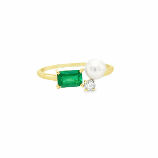 14KT YELLOW GOLD DIAMOND, EMERALD AND PEARL RING