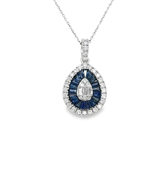14KT WHITE GOLD SAPPHIRE AND DIAMONDS PEAR SHAPE PENDANT