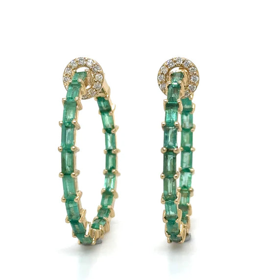 14KT YELLOW GOLD EMERALD AND DIAMONDS HOOP EARING
