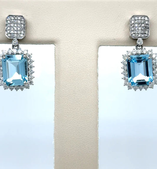 14KT WHITE GOLD AQUAMARINE WITH DIAMONDS EARRING