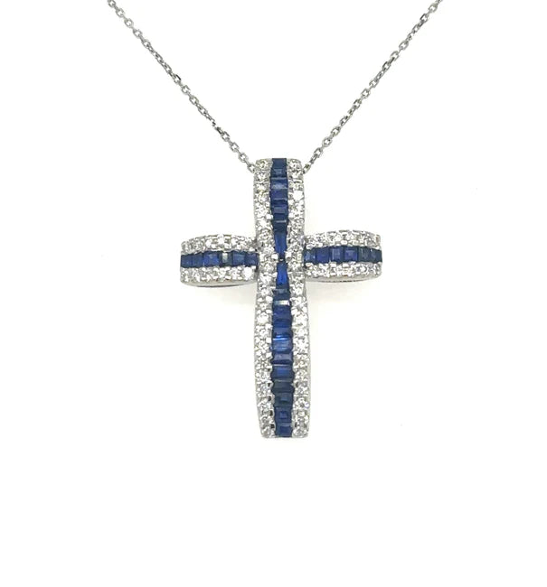 14KT WHITE GOLD SAPPHIRE AND DIAMONDS CROSS PENDANT
