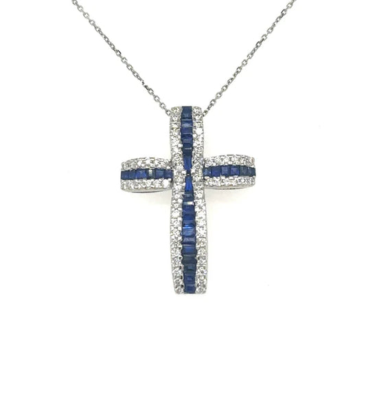 14KT WHITE GOLD SAPPHIRE AND DIAMONDS CROSS PENDANT