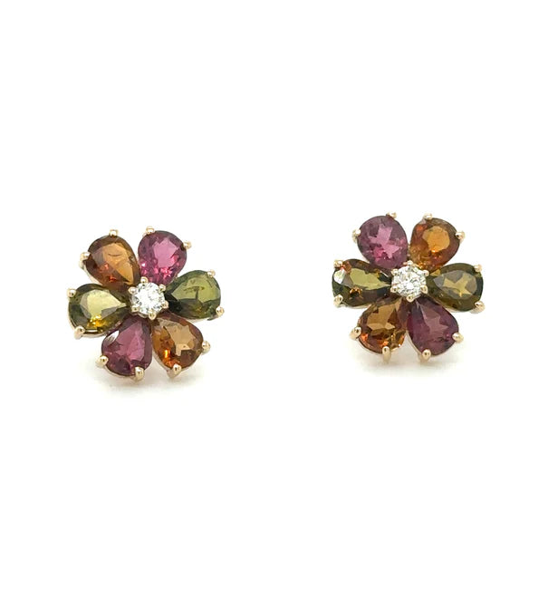 YELLOW GOLD FLOWER EARRING WITH TOURMALINE AND DIAMONDS
