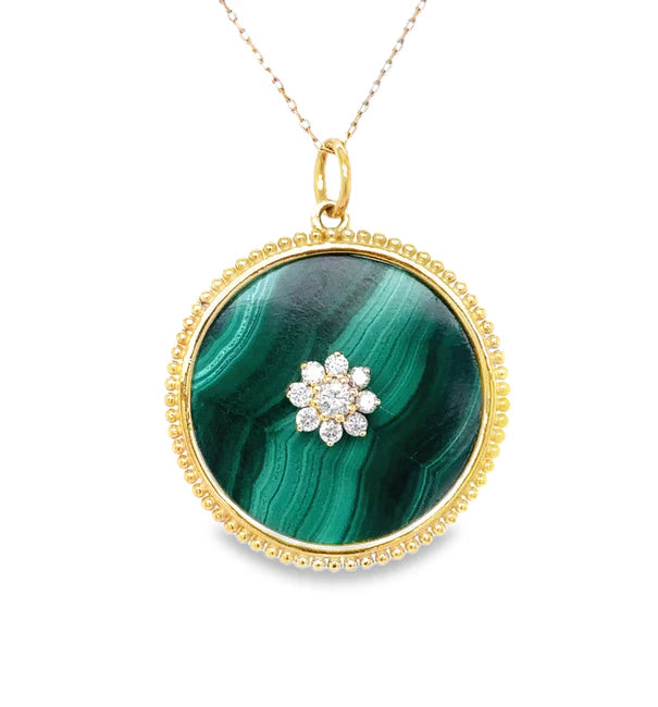 14KT YELLOW GOLD MALACHITE FLOWER PENDANT WITH DIAMONDS