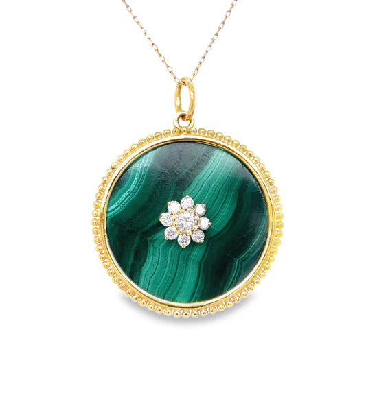 14KT YELLOW GOLD MALACHITE FLOWER PENDANT WITH DIAMONDS