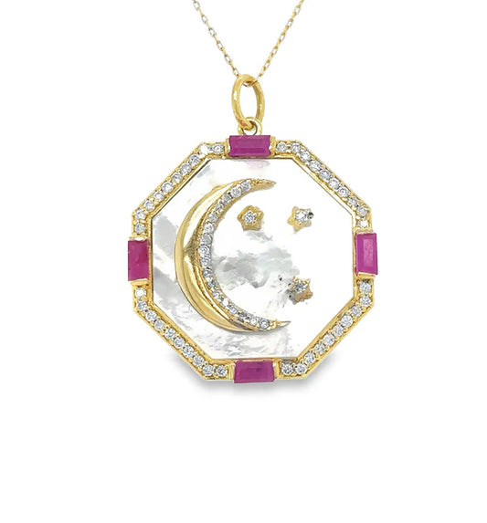 14KT YELLOW GOLD STAR MOON MOTHER OF PEARL PENDANT WITH DIAMONDS