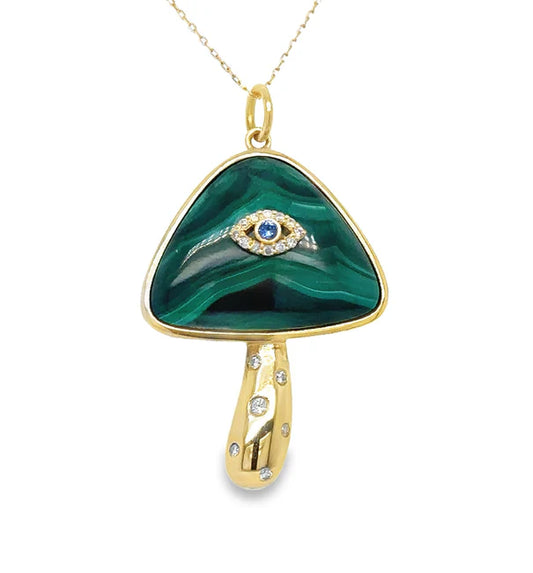 14KT YELLOW GOLD MALACHITE MUSHROOM PENDANT WITH DIAMONDS