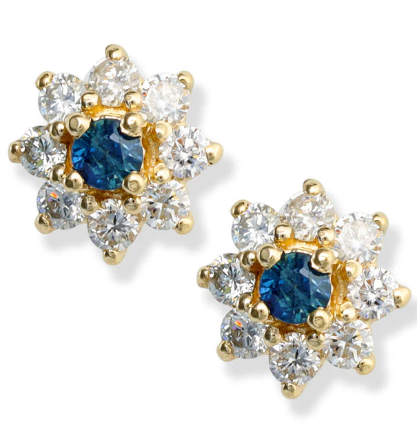 14KT YELLOW GOLD DIAMOND AND BLUE SAPPHIRE EARRINGS