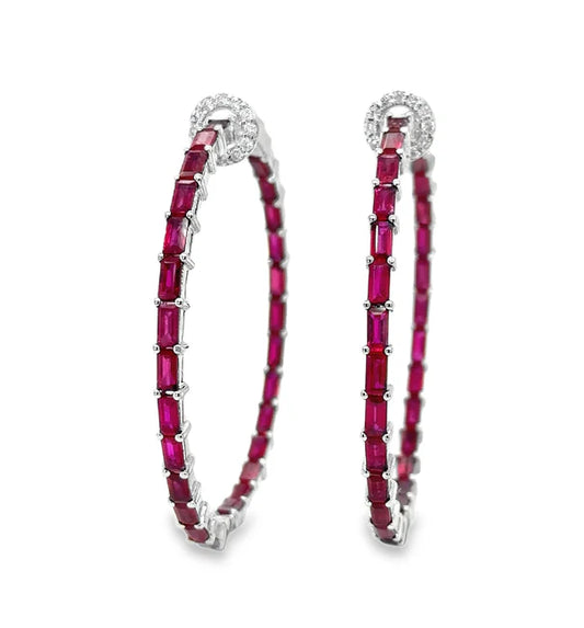 14KT WHITE GOLD RUBY AND DIAMONDS HOOP EARING