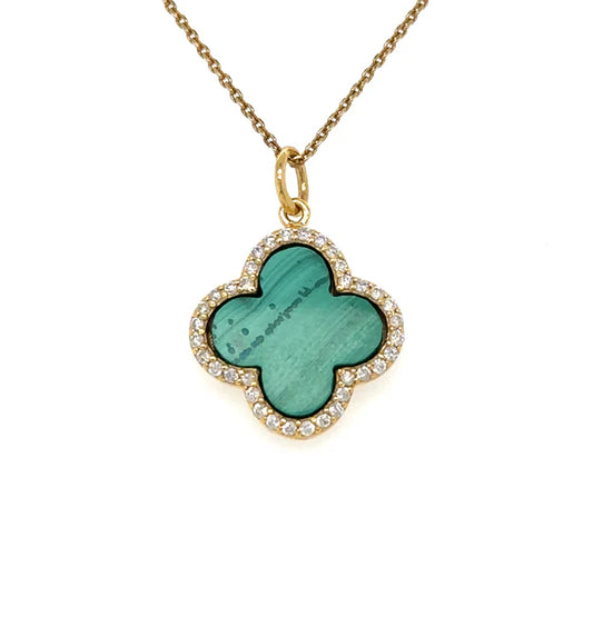 14KT YELLOW GOLD MALACHITE CLOVER PENDANT WITH DIAMONDS
