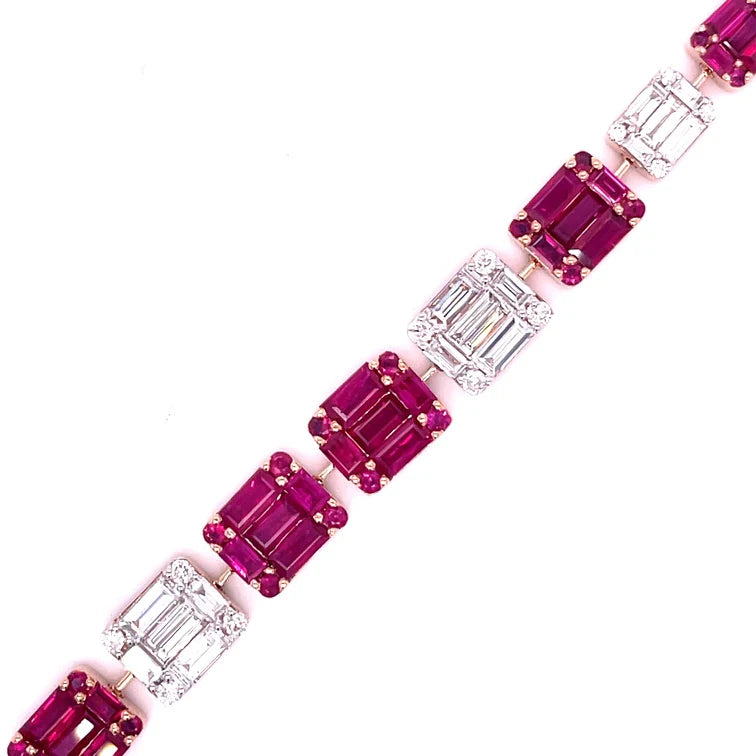 18KT YELLOW GOLD RUBY & DIAMOND BAGUETTE BRACELET