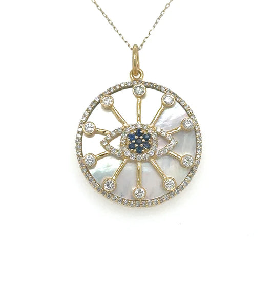 14KT YELLOW GOLD MOTHER OF PEARL EVIL EYE PENDANT WITH DIAMONDS