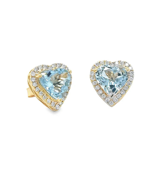 14KT YELLOW GOLD AQUAMARINE AND DIAMONDS HEART EARRING