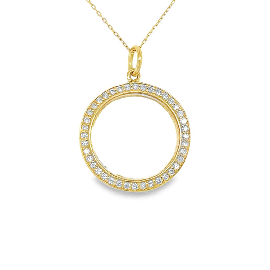 14KT YELLOW GOLD CLEAR QUARTZ DISK PENDANT WITH DIAMONDS
