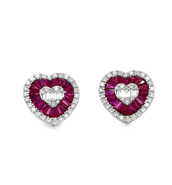 14KT WHITE GOLD RUBY AND DIAMONDS HEART SHAPE EARRING