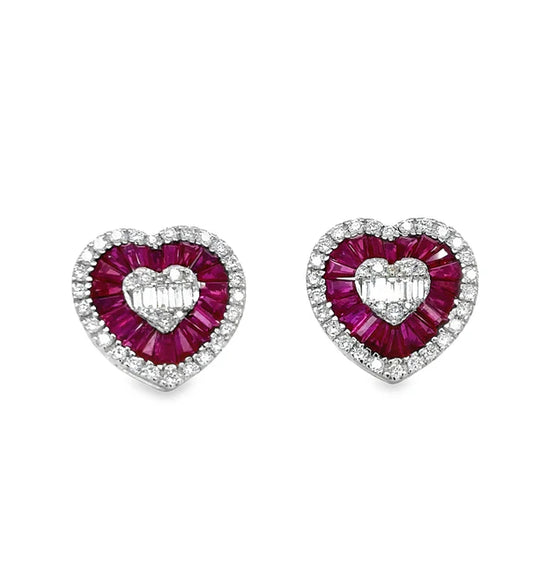14KT WHITE GOLD RUBY AND DIAMONDS HEART SHAPE EARRING