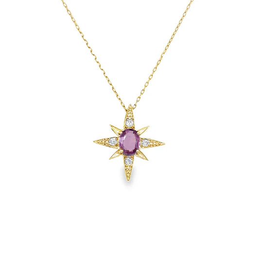 14KT YELLOW GOLD DIAMONDS AND PINK SAPPHIRE COMPASS PENDANT