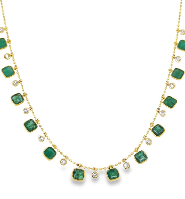 14KT YELLOW GOLD EMERALD AND DIAMOND DANGLING NECKLACE