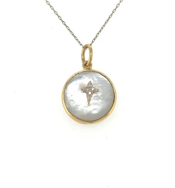 14KT YELLOW GOLD ROUND MOTHER OF PEARL PENDANT WITH DIAMONDS