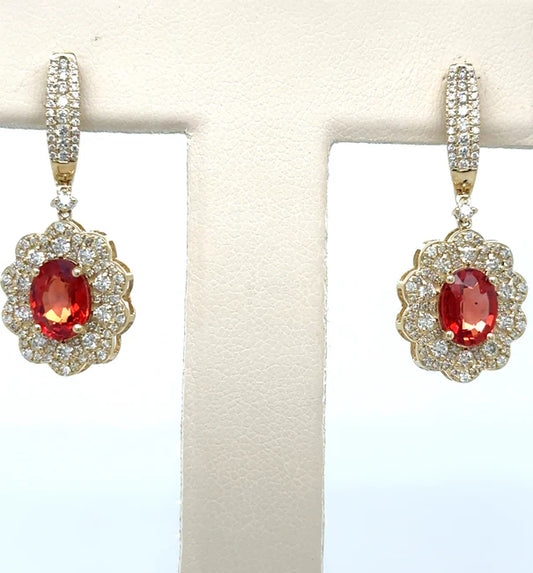 14KT YELLOW GOLD ORANGE SAPPHIRE AND DIAMOND EARRING