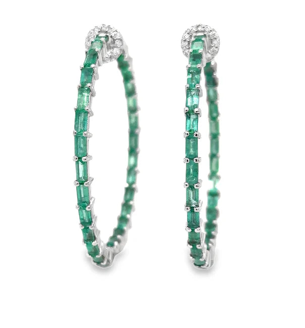 14KT WHITE GOLD EMERALD AND DIAMONDS HOOP EARING