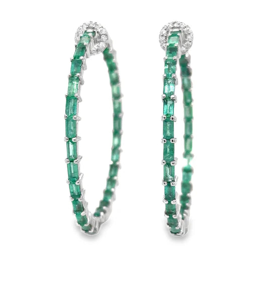 14KT WHITE GOLD EMERALD AND DIAMONDS HOOP EARING