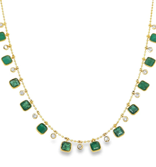 14KT YELLOW GOLD EMERALD AND DIAMOND DANGLING NECKLACE