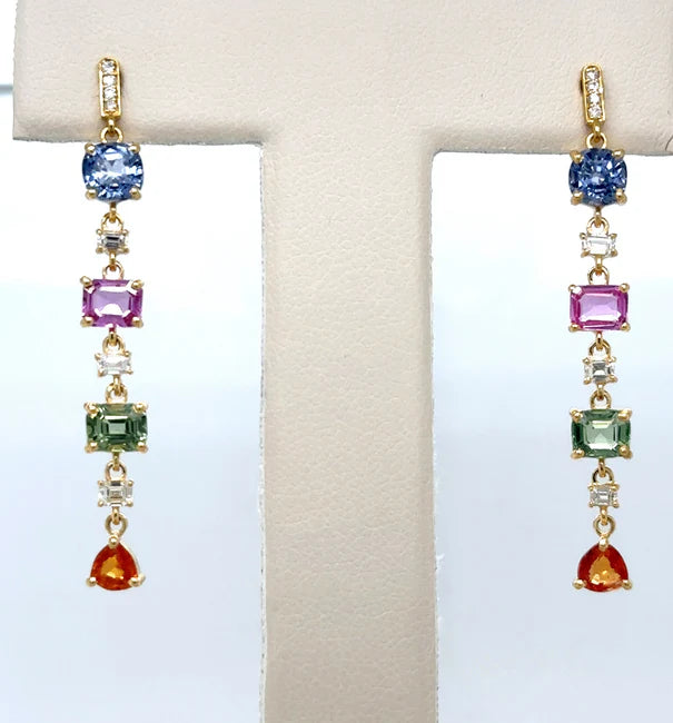 14KT YELLOW GOLD MULTI SAPPHIRE AND DIAMOND EARRING