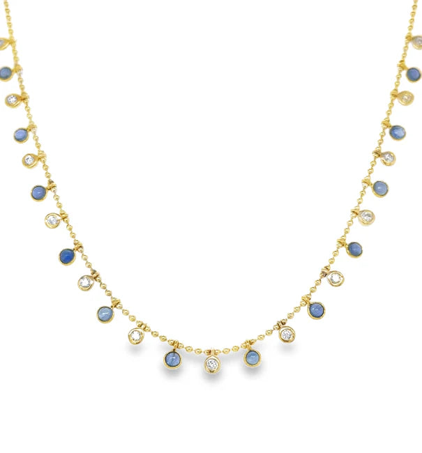14KT YELLOW GOLD ROUND SHAPE SAPPHIRE AND DIAMOND DANGLING NECKLACE