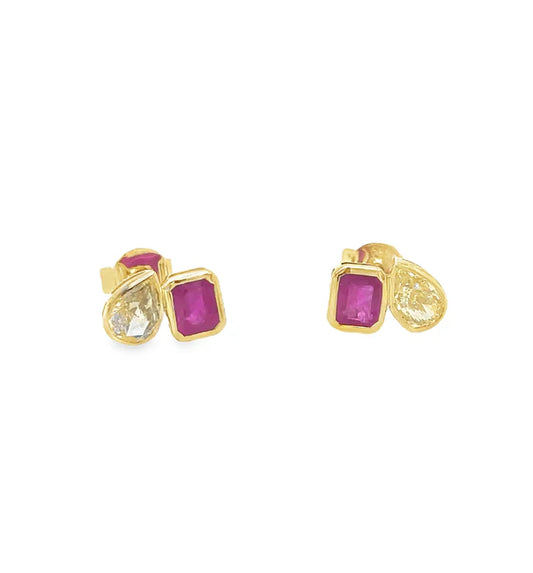 14KT YELLOW GOLD RUBY AND YELLOW DIAMOND EARRING