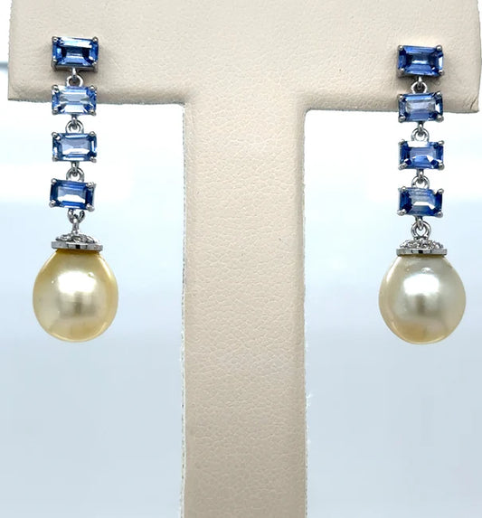 18KT WHITE GOLD PEARL, SAPPHIRE AND DIAMONDS EARRING