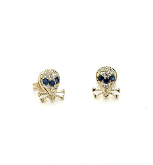 14KT YELLOW GOLD SAPPHIRE AND DIAMONDS SKULL EARRING