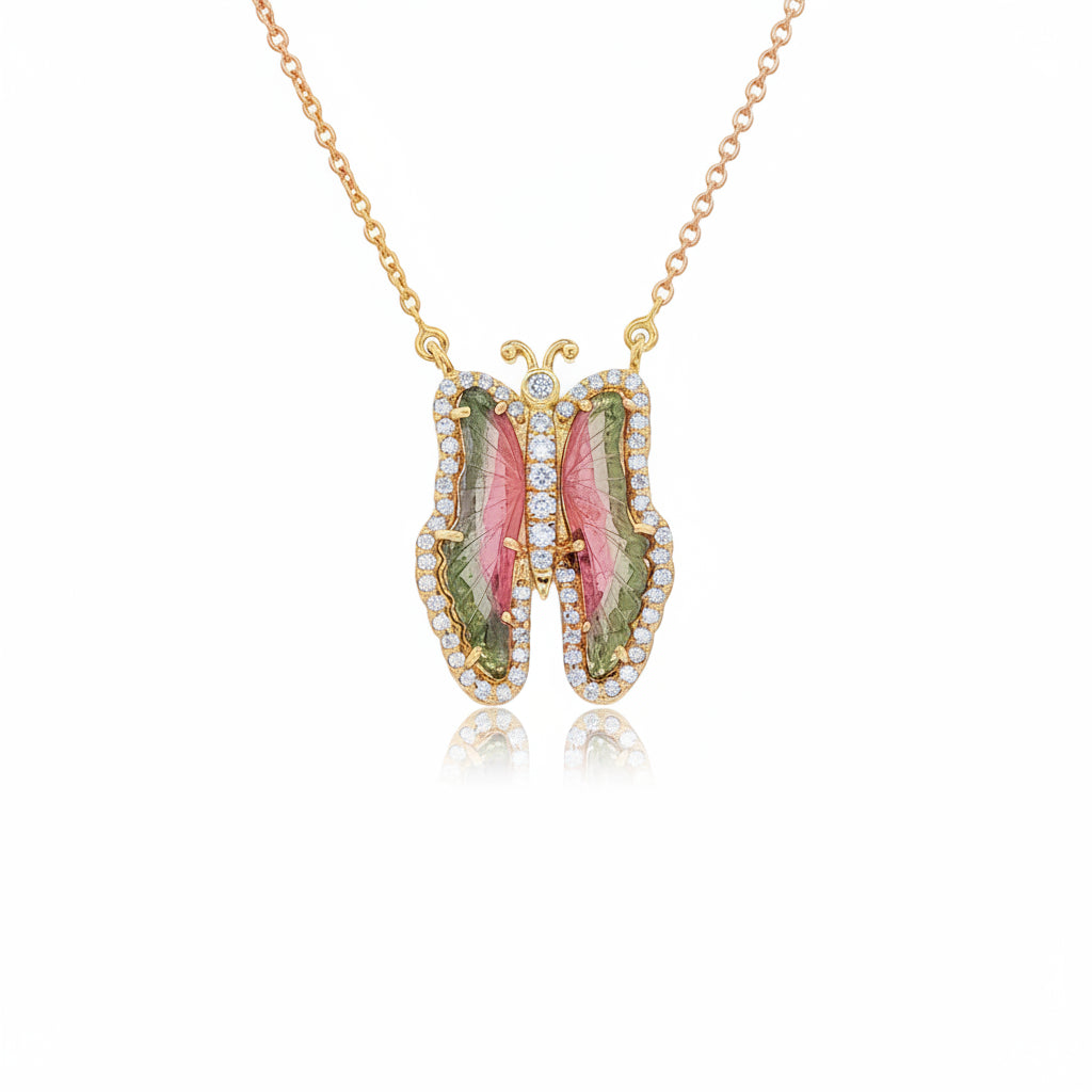14KT YELLOW GOLD WATERMELON TOURMALINE AND DIAMONDS BUTTERFLY NECKLACE