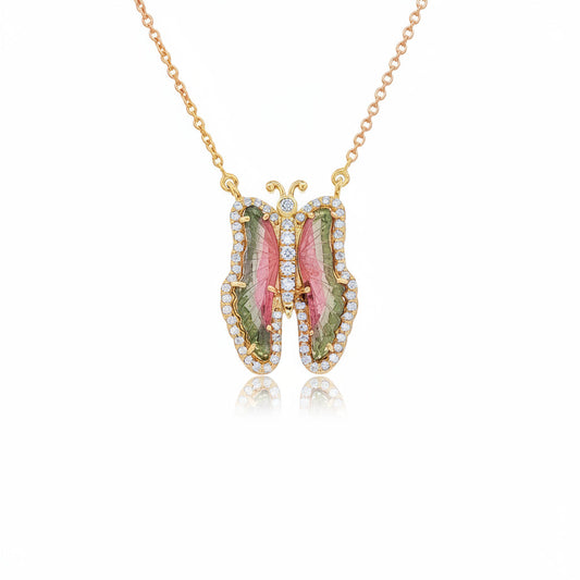 14KT YELLOW GOLD WATERMELON TOURMALINE AND DIAMONDS BUTTERFLY NECKLACE