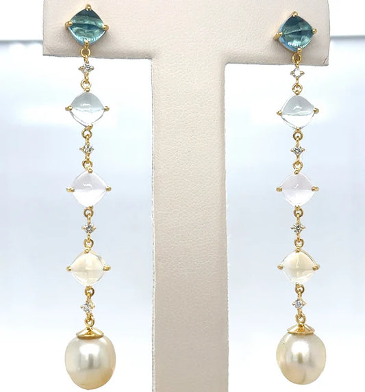 18KT YELLOW GOLD PEARL, TOPAZ, AMETHYST AND DIAMONDS EARRING