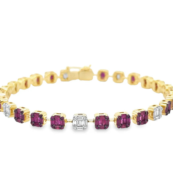 14KT YELLOW GOLD RUBY AND DIAMONDS TENNIS BRACELET