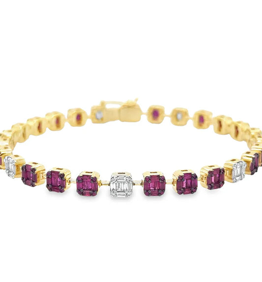 14KT YELLOW GOLD RUBY AND DIAMONDS TENNIS BRACELET