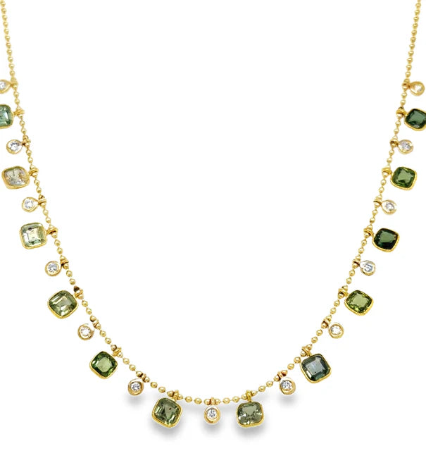 14KT YELLOW GOLD GREEN SAPPHIRE AND DIAMOND DANGLING NECKLACE
